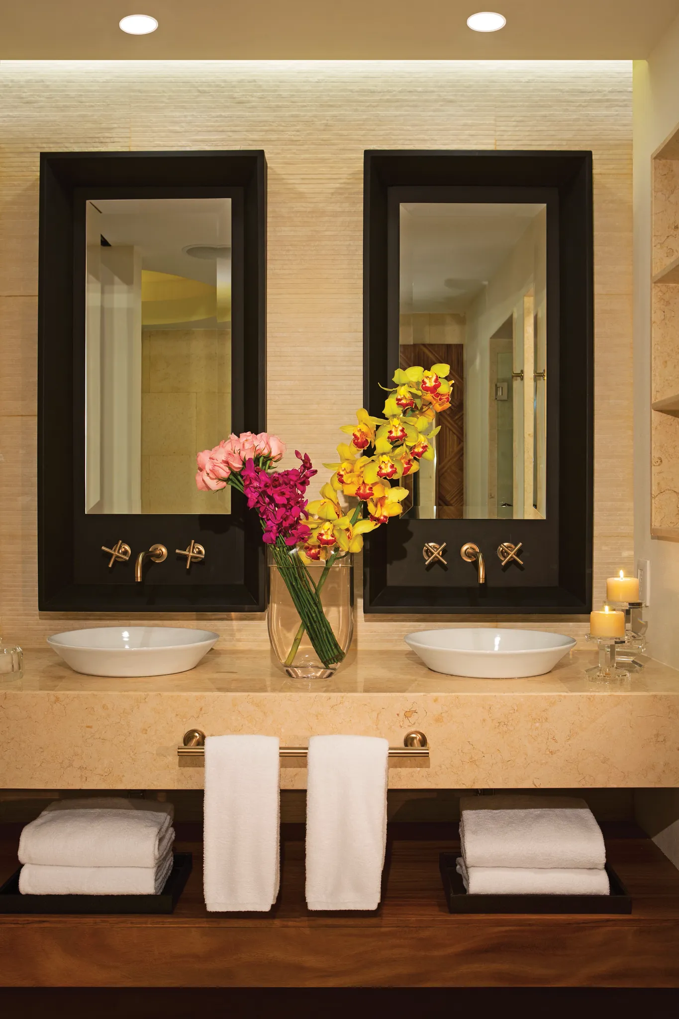 Junior Suite Ocean View double sink vanity with modern mirrors and luxury finishes at Secrets Akumal Riviera Maya.